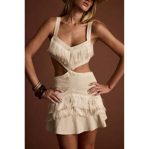 12th Tribe Cream Cutout Fringe Mini Dress